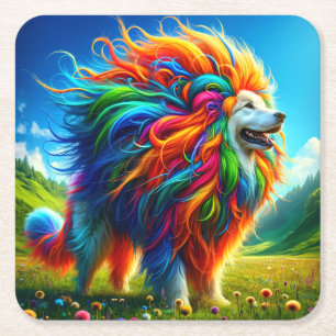 Rainbow Dog Square Paper Coaster