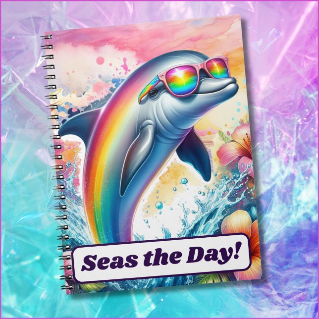 Rainbow Dolphin Seas the Day Girls Back to School Notebook (A rainbow dolphin wearing sunglasses brings retro 1980s style. Custom text says "Seas the day!")