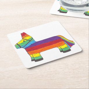 Rainbow Donkey Piñata Cinco de Mayo Pride Fiesta Square Paper Coaster