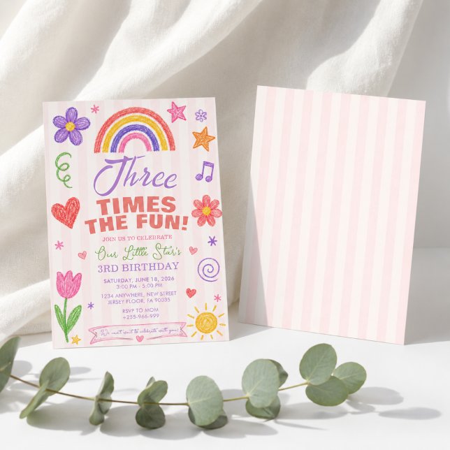 Rainbow Doodle Third Birthday Party Invitation (Creator Uploaded)