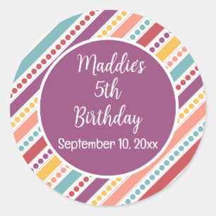 Rainbow Dots & Stripes Girl Birthday Classic Round Sticker