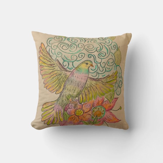 Rainbow dove and florals cushion (Front)