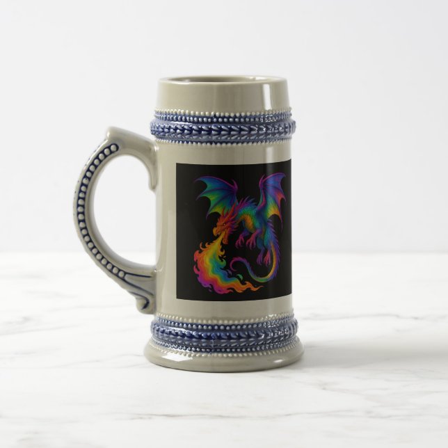 Rainbow dragon breathing colourful flames fantasy beer stein (Left)