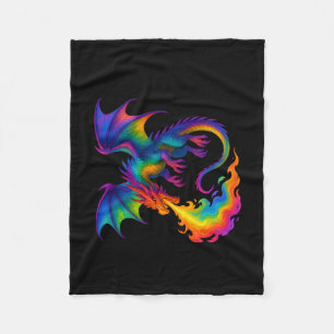 Rainbow dragon breathing colourful flames fantasy fleece blanket