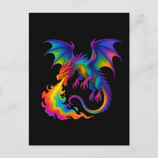 Rainbow dragon breathing colourful flames fantasy postcard (Front)