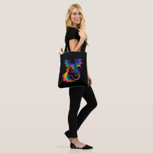 Rainbow dragon breathing colourful flames fantasy tote bag