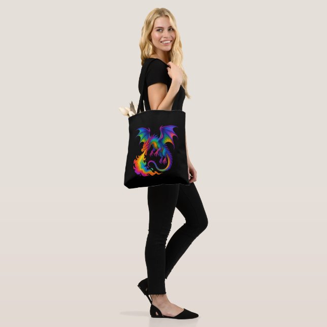 Rainbow dragon breathing colourful flames fantasy tote bag (On Model)