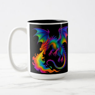 Rainbow dragon breathing colourful flames fantasy Two-Tone coffee mug