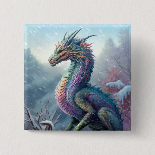 Rainbow Dragon In The Snow Fantasy Art 15 Cm Square Badge (Front)