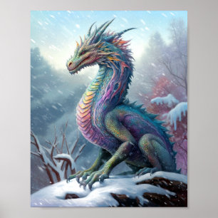 Rainbow Dragon In The Snow Fantasy Art Poster