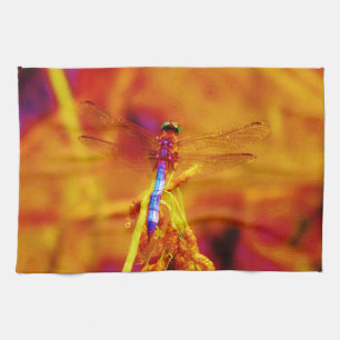 Rainbow Dragonfly on amber and fuschia Tea Towel