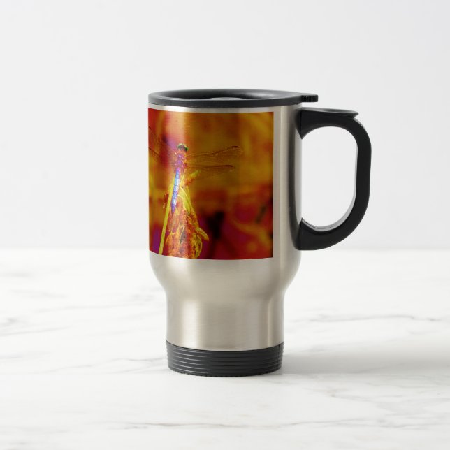 Rainbow Dragonfly on amber and fuschia Travel Mug (Right)