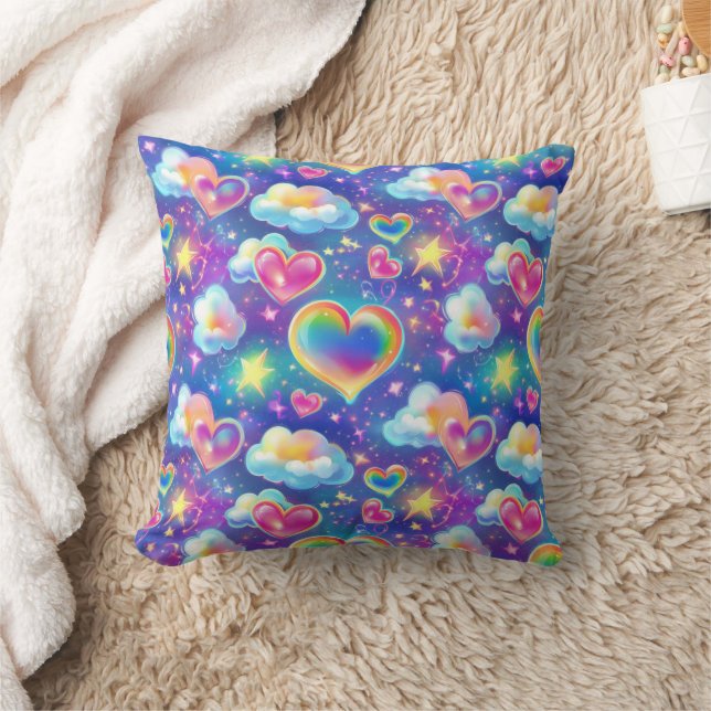 Rainbow Dreamy Hearts Throw Pillow (Blanket)