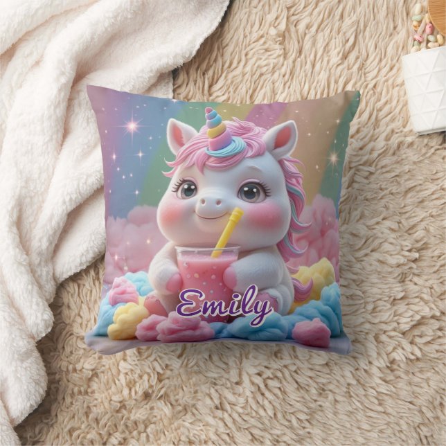 Rainbow Drink Unicorn Pillow – Editable Name (Blanket)