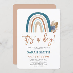 Rainbow Dusty Blue boho Baby Shower boy Invitation