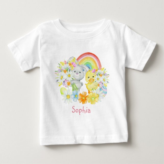 Rainbow Easter Bunny and Chick Baby T-Shirt (Front)