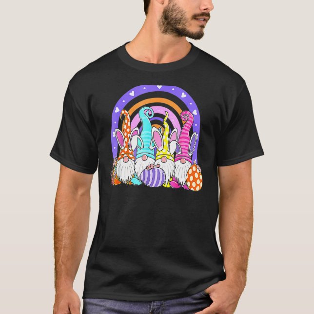 Rainbow Easter Bunny Spring Gnome Easter Eggs Hunt T-Shirt (Front)