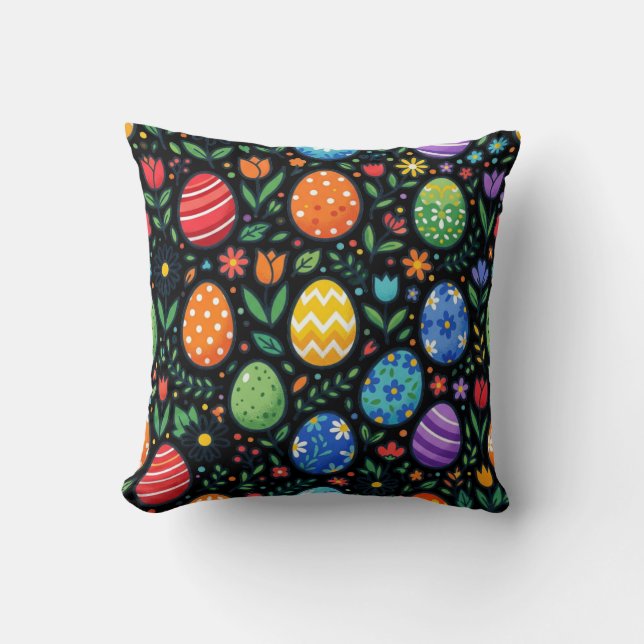 Rainbow Easter Eggs & Flowers Cushion (Front)