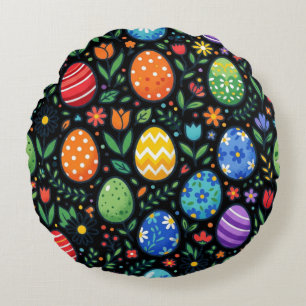 Rainbow Easter Eggs & Flowers Round Cushion