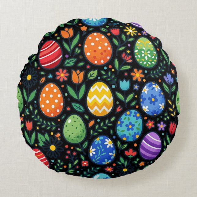 Rainbow Easter Eggs & Flowers Round Cushion (Front)