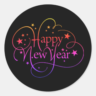 Rainbow Elegant Happy New Year Script Classic Round Sticker