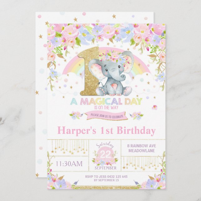Rainbow Elephant 1st Birthday Invitation Girl (Front/Back)