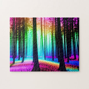 Rainbow Enchanted Forest & Black Tree Silhouette Jigsaw Puzzle
