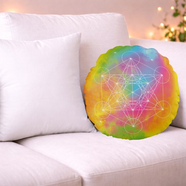 Rainbow Energy – Metatron’s Cube Sacred Geometry Round Cushion (Creator Uploaded)