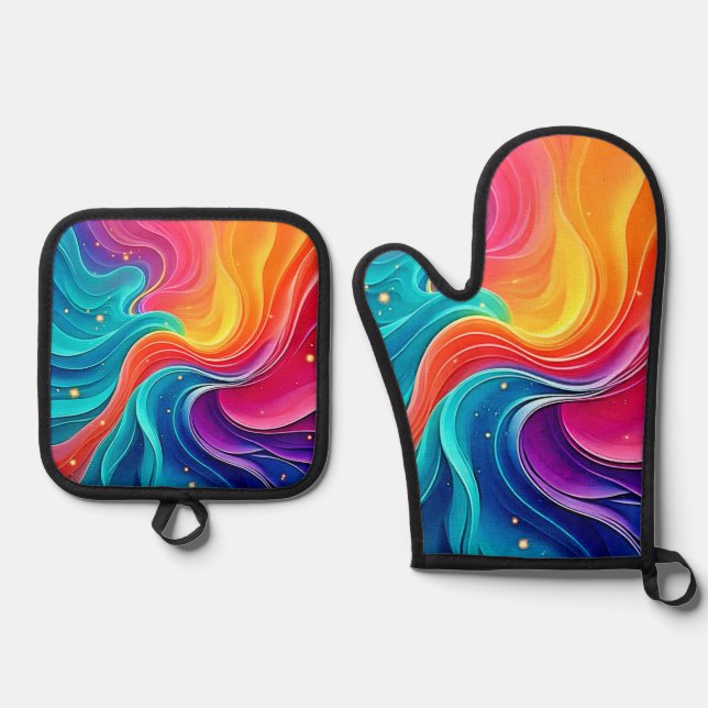 Rainbow Energy Swirl: Vibrant Flow Art Oven Mitt & Pot Holder Set (Front)