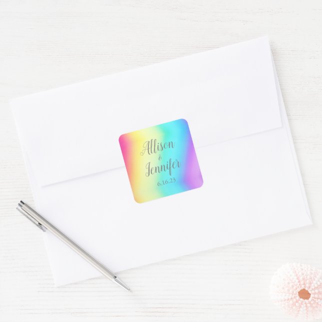 Rainbow Fade Pretty Colour Gradient Summer Wedding Square Sticker (Envelope)