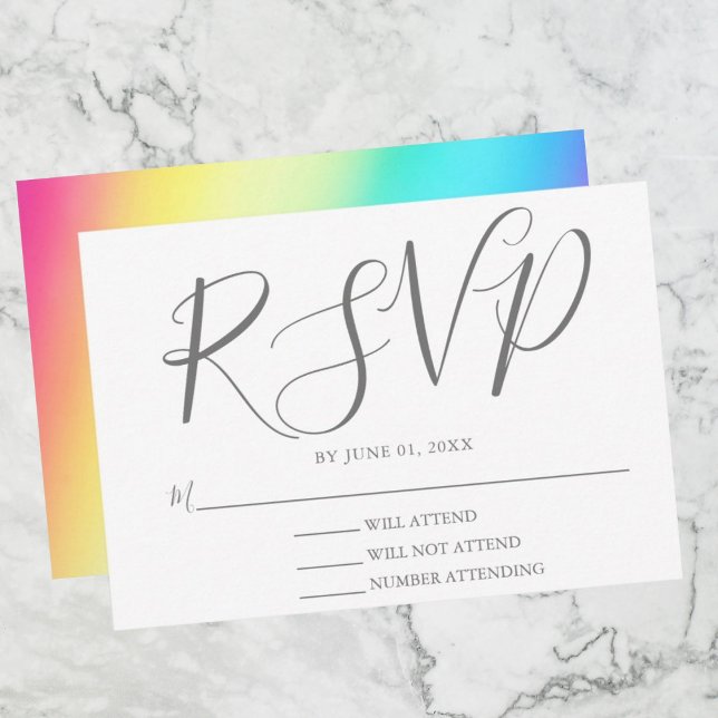 Rainbow Fade Simple Chic Typography Gay Wedding RSVP Card (Creator Uploaded)