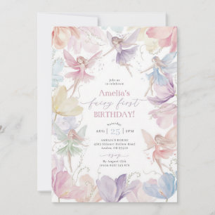 Rainbow Fairy 1st Birthday Girl Invitation
