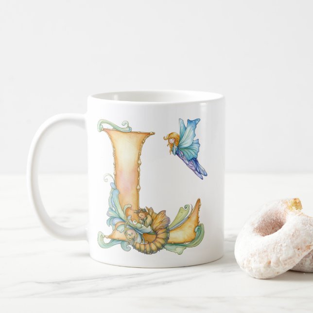 Rainbow Fairy Initial 'L' Coffee Mug (With Donut)