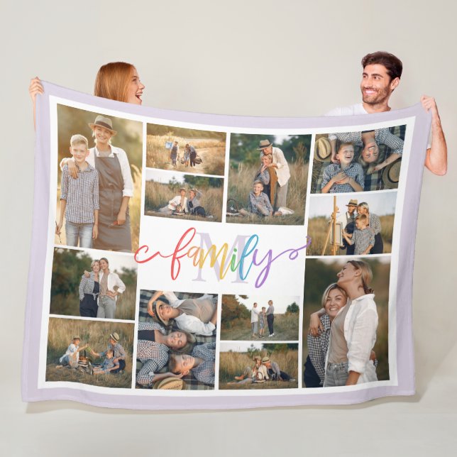 Rainbow Family Monogrammed Photo Collage Fleece Blanket (In Situ)