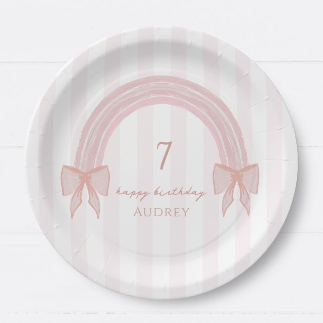 Rainbow Fancy Pink Bows Coquette Birthday Paper Plate (Creator Uploaded)