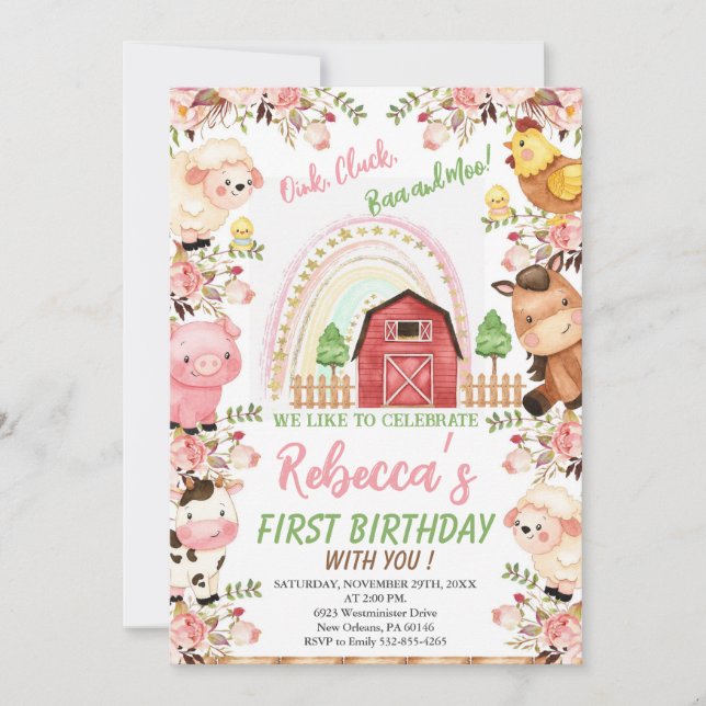 Rainbow & Farm Birthday for Girl, Farm Animals Invitation (Front)