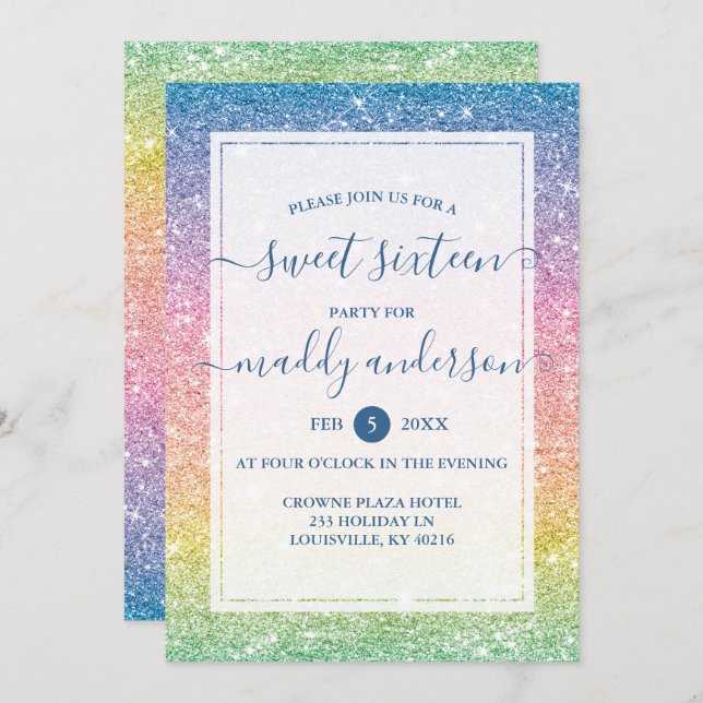 Rainbow Faux Glitter Elegant Sweet 16 Birthday Invitation (Front/Back)