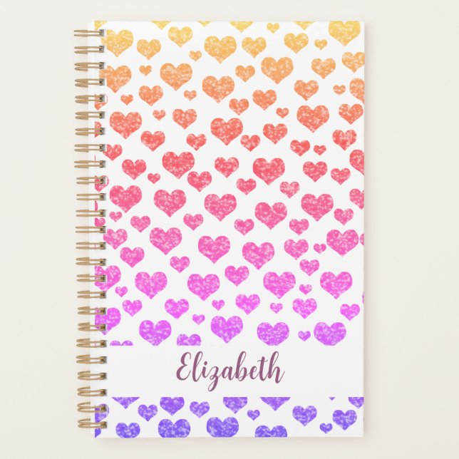 Rainbow Faux Glitter Hearts Bright Colourful Custo Planner (Front)