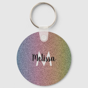 Rainbow Faux Glitter Pattern Initial  Key Ring