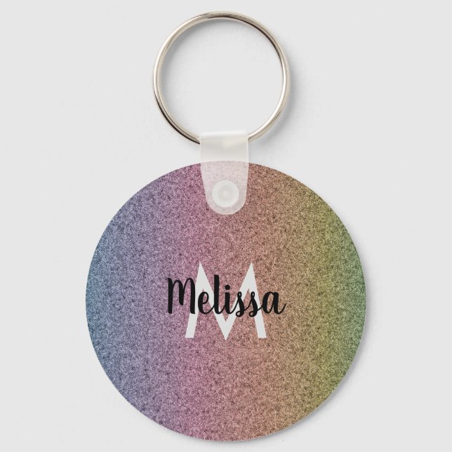 Rainbow Faux Glitter Pattern Initial  Key Ring (Front)