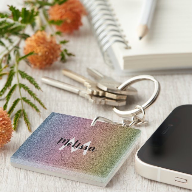 Rainbow Faux Glitter Pattern Initial Key Ring (Front Right)