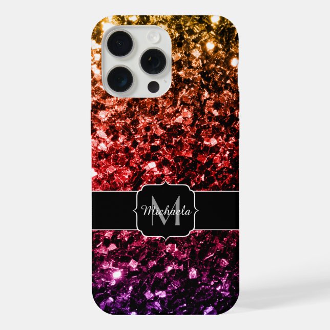 Rainbow faux glitter sparkles bling Monogram iPhone Case (Back)