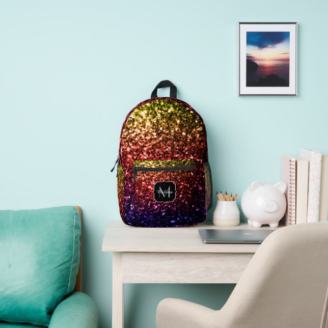 Rainbow faux glitter sparkles Monogram Printed Backpack (Insitu)