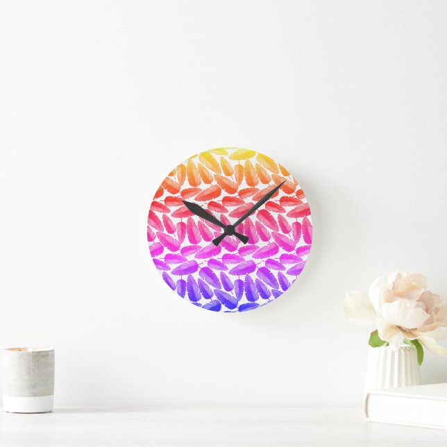 Rainbow feather gradient watercolor design round clock (Home)