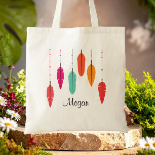 Rainbow Feather Pink & Orange Boho Monogrammed  Tote Bag