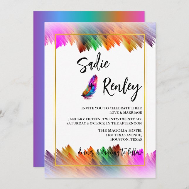 Rainbow Feather Wedding Invitation (Front/Back)