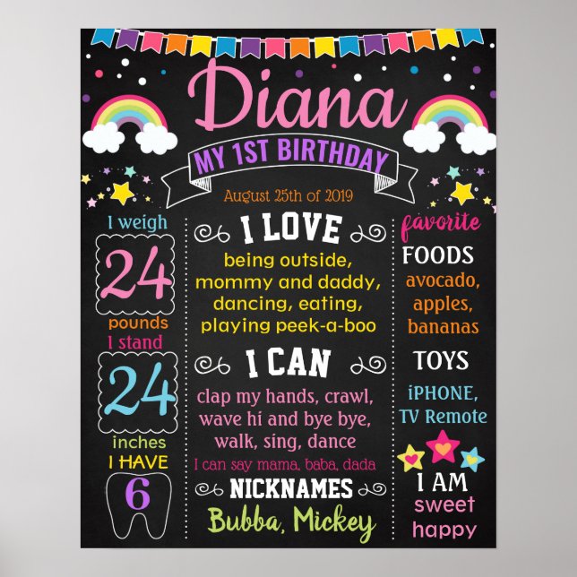 Rainbow First Birthday Party chalkboard sign (Front)