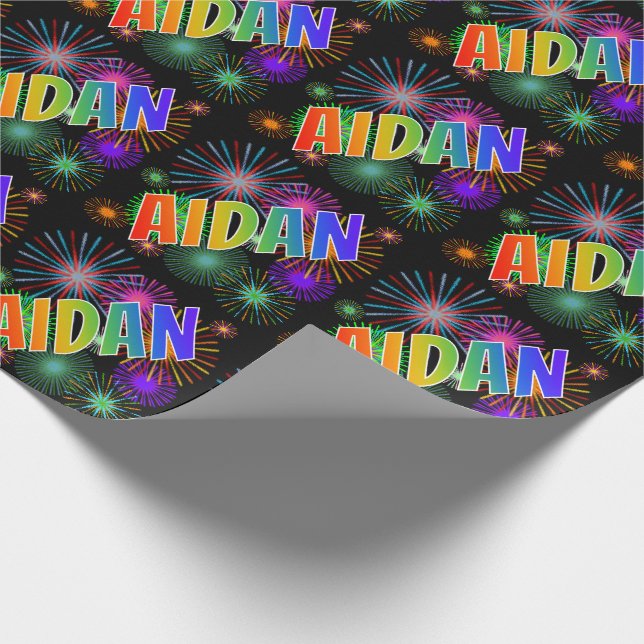Rainbow First Name "AIDAN" + Fireworks Wrapping Paper (Corner)