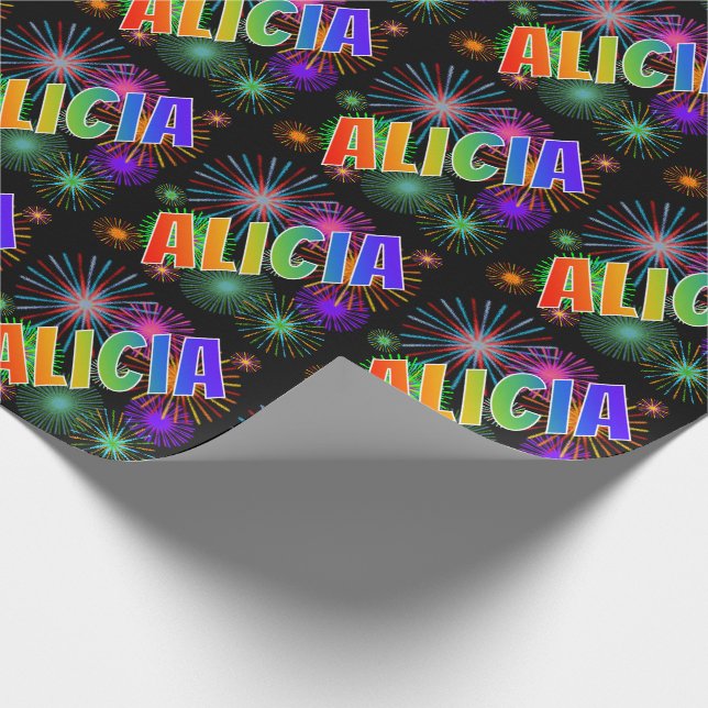 Rainbow First Name "ALICIA" + Fireworks Wrapping Paper (Corner)