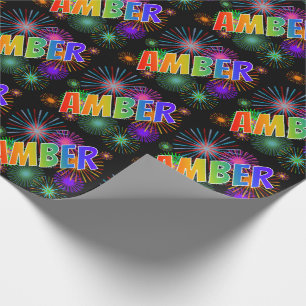Rainbow First Name "AMBER" + Fireworks Wrapping Paper